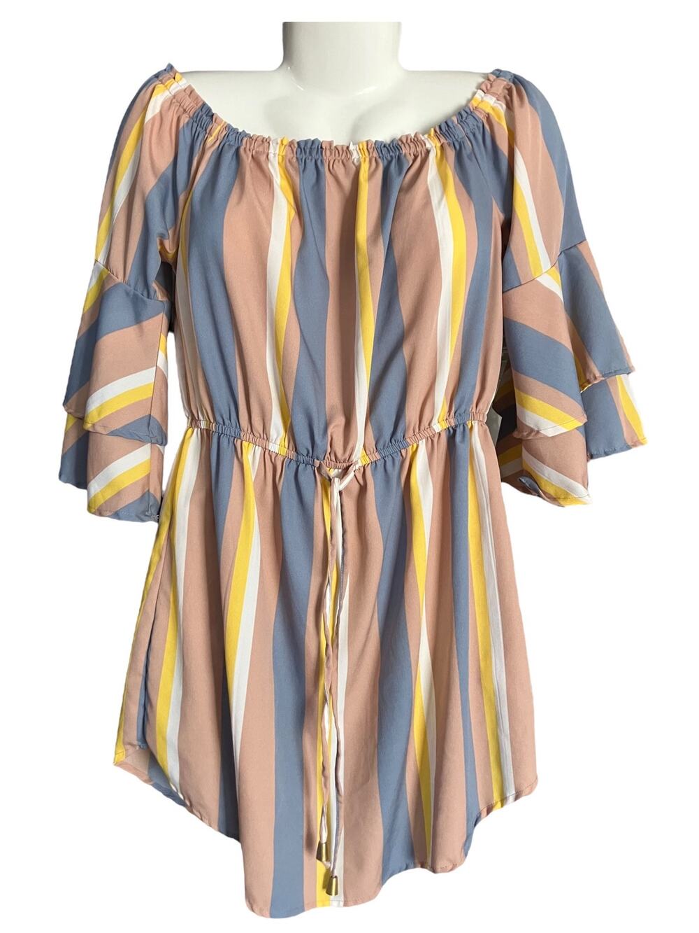 Hint of Blush Women's Pastel Multi Off-the-Shoulder Flair Sleeve Sun Dress SZ L